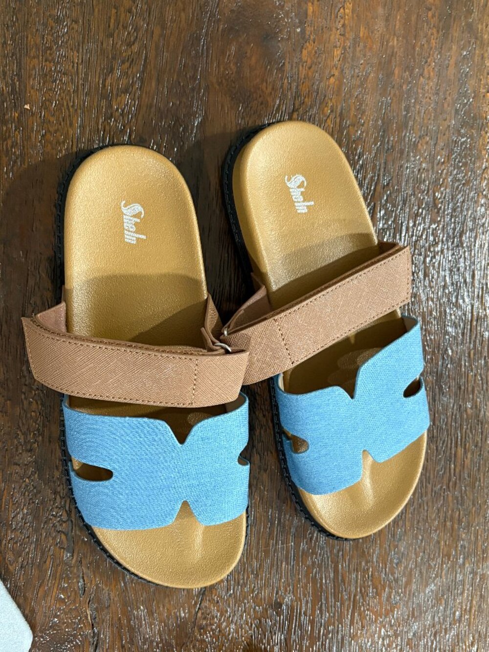 Ladies Sheln Denim & Brown Slides Sandals Shoes sz 8M 8 NEW NIP